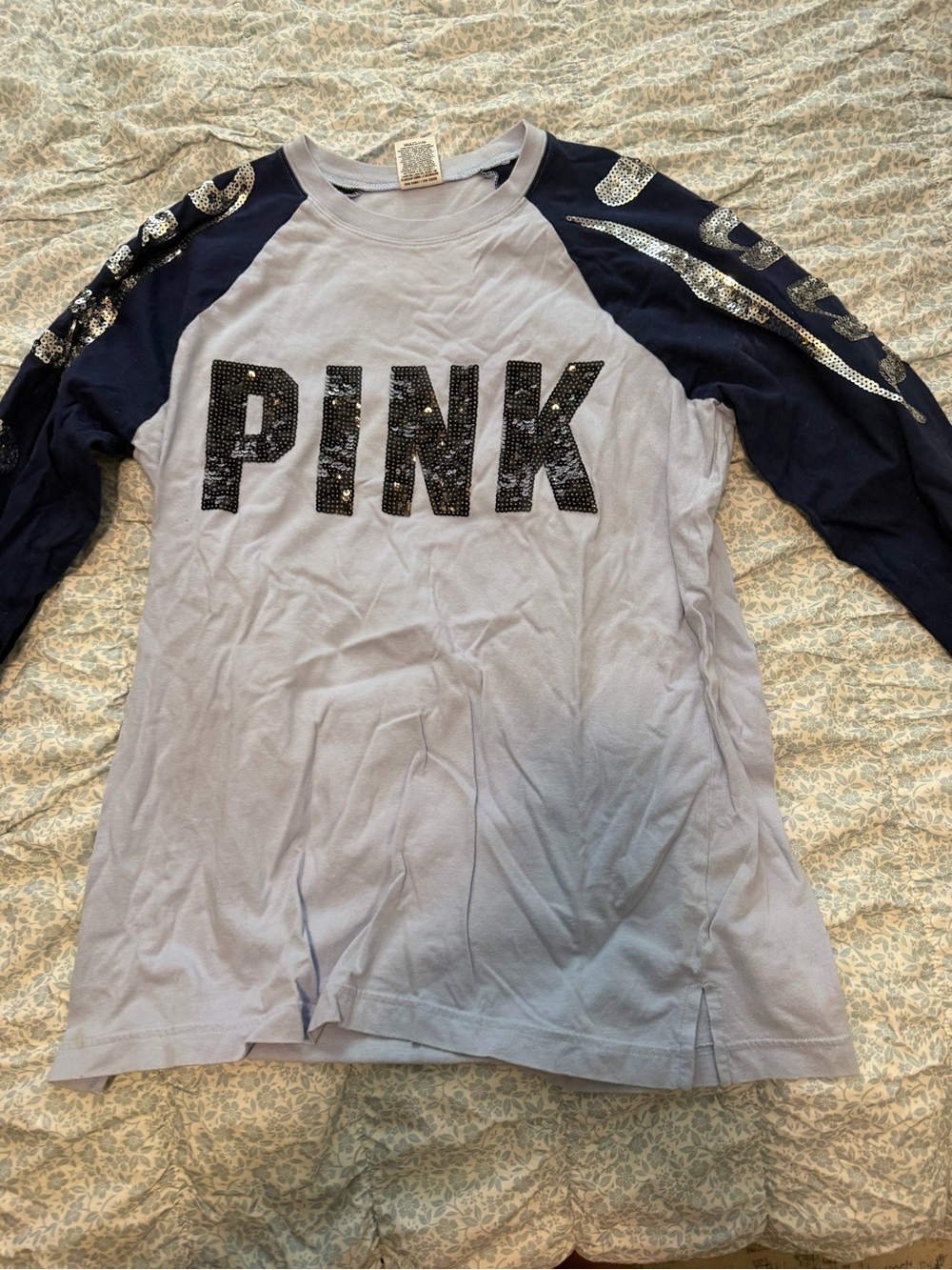 PINK Victoria's Secret Light Blue and Navy Sequin Logo Long Sleeve Tee